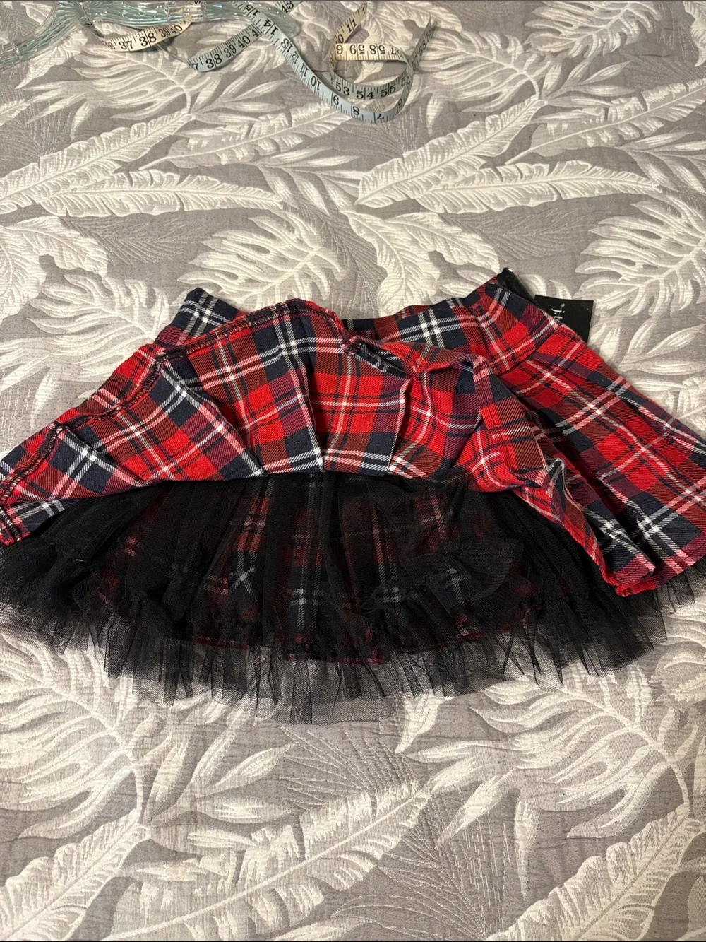 Red Plaid Pleated Mini Skirt with Black Tulle Hem